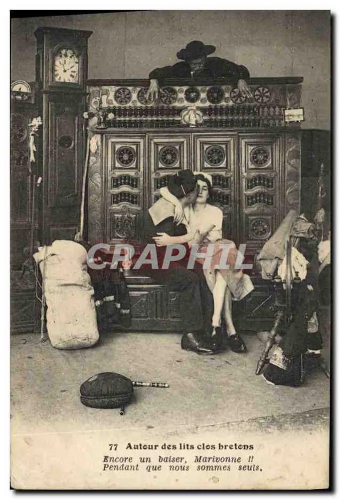 Auteur des lits cles bretons — scène intérieure avec couple et horloge — éditeur imprimeur non visible - Frente