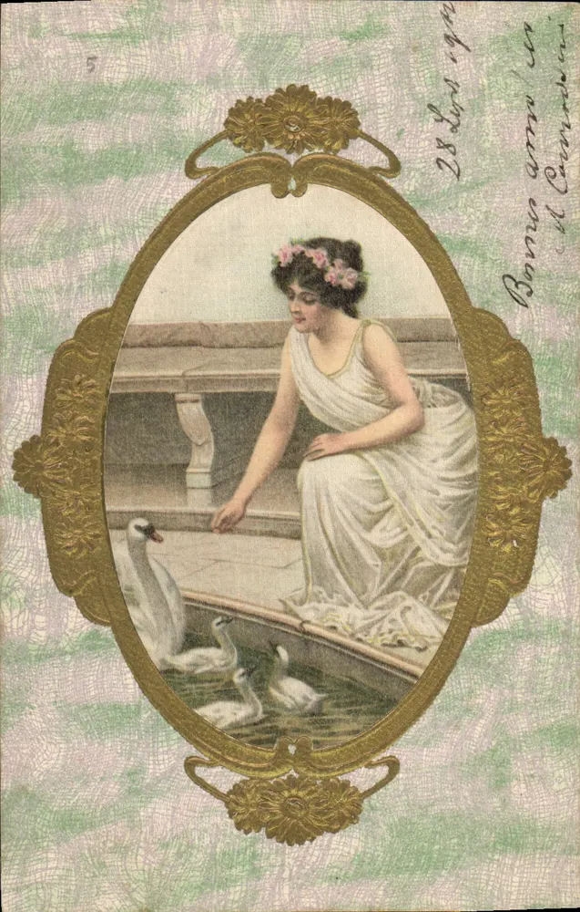 Frau in einem antiken Kleid mit Schwänen — Verlag G.B. n°5 - Vorderseite