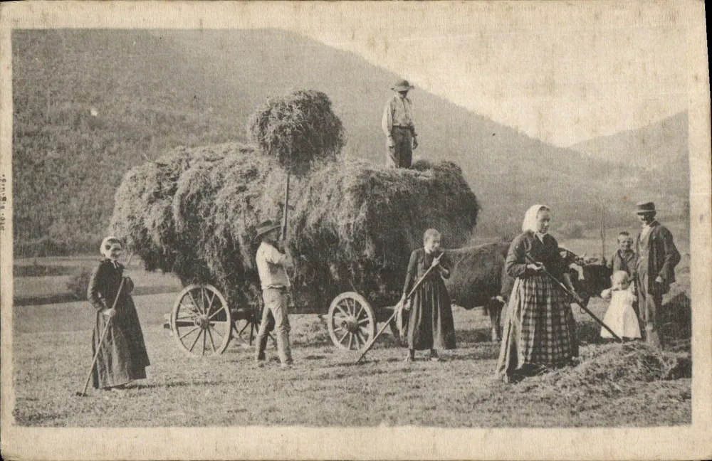 Família e crianças trabalhando com um carrinho carregado de feno — editor H. Hengurg - Frente