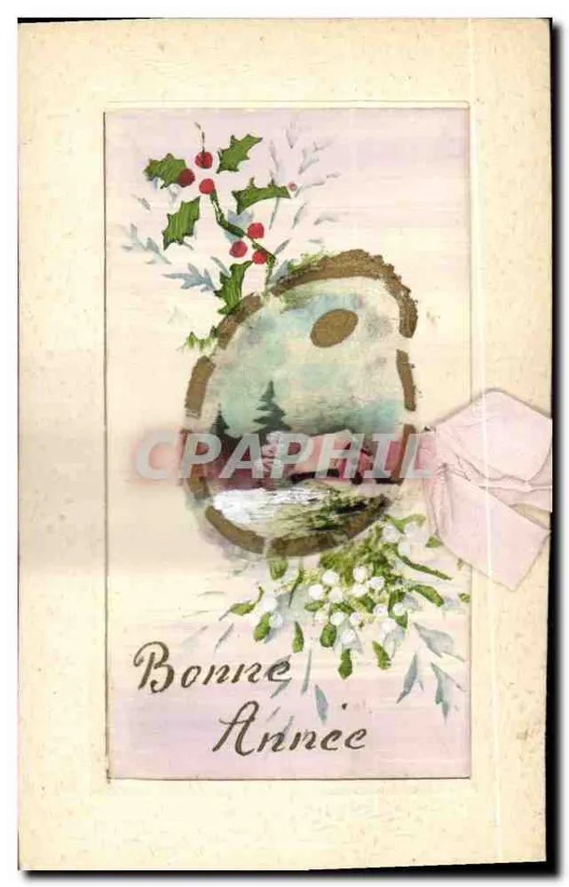 Weihnachtskarte — schneebedecktes Landschaftsbild in einer Kugel — Text 'Guten Jahresbeginn' — Verlag G. Gauthier, Nr. III - Vorderseite
