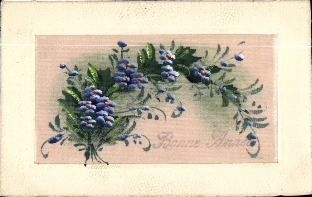 Blumenstrauß in Blau — Frohes Neues Jahr — Ansichtskarte - Vorderseite