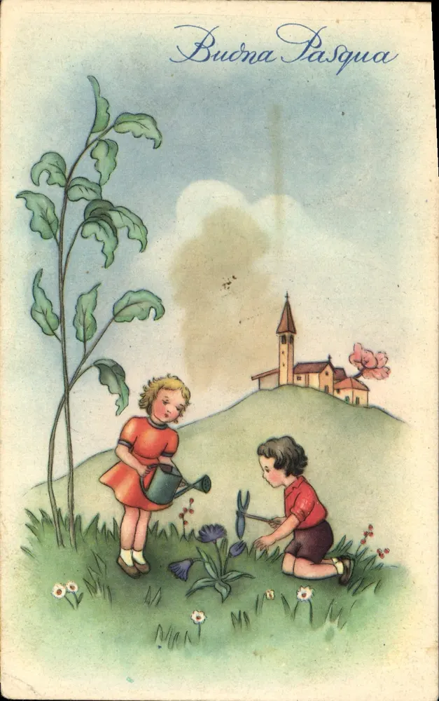 Kinder, die Blumen gießen — ländliche Szene mit Kirche im Hintergrund — Verlag MILANO - Vorderseite