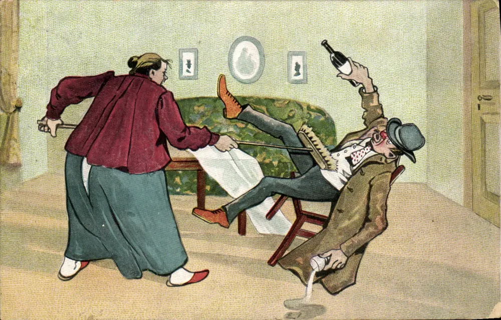 Mulher caçando um homem bêbado — cena humorística — editor não visível - Frente