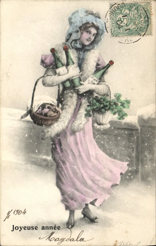 Femme en robe rose tenant des bouteilles et un panier — scène hivernale — éditeur Magdala, n° 11904 - Vorderseite