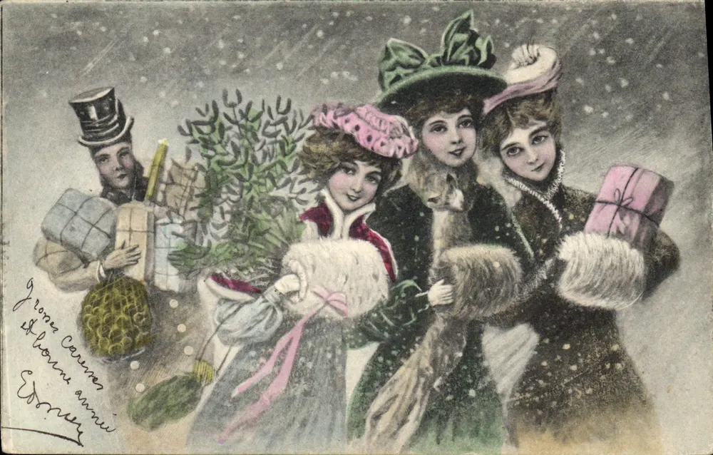 Fiesta de Navidad — tres jóvenes mujeres y un hombre en traje de invierno — editor Edoner - Anverso