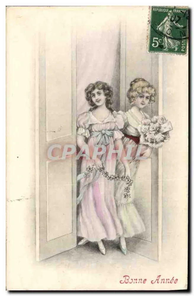 Zwei junge Mädchen vor der Tür — Frohe Neujahr — Verlag Sria, Nr. 2561 - Vorderseite