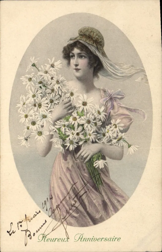 Frau in einem rosa Kleid mit einem Strauß Margeriten — Frohes Geburtstag — M. MUNK, Nr. 53 - Vorderseite
