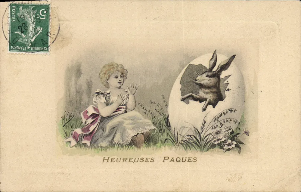 Kind und Osterhase — Frohe Ostern — Verlag Mille - Vorderseite
