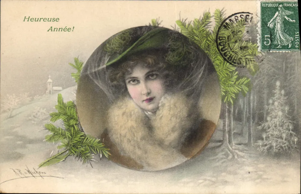 Frau in Pelz in einer Winterlandschaft — 'Heureuse Année!' — M. Munk, Nr. 390 - Vorderseite