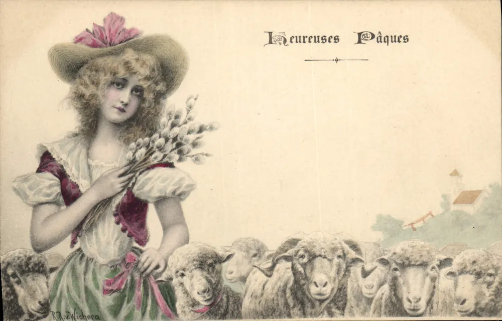 Mädchen mit Schafen — Frohe Ostern — R.R. Wichera - Vorderseite