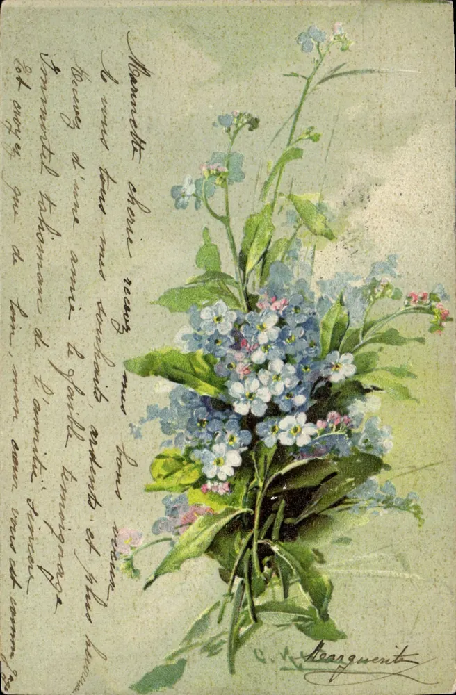 Arranjo de flores azuis — ilustração assinada 'Beauguerit' — editor R. S. 1882 - Frente