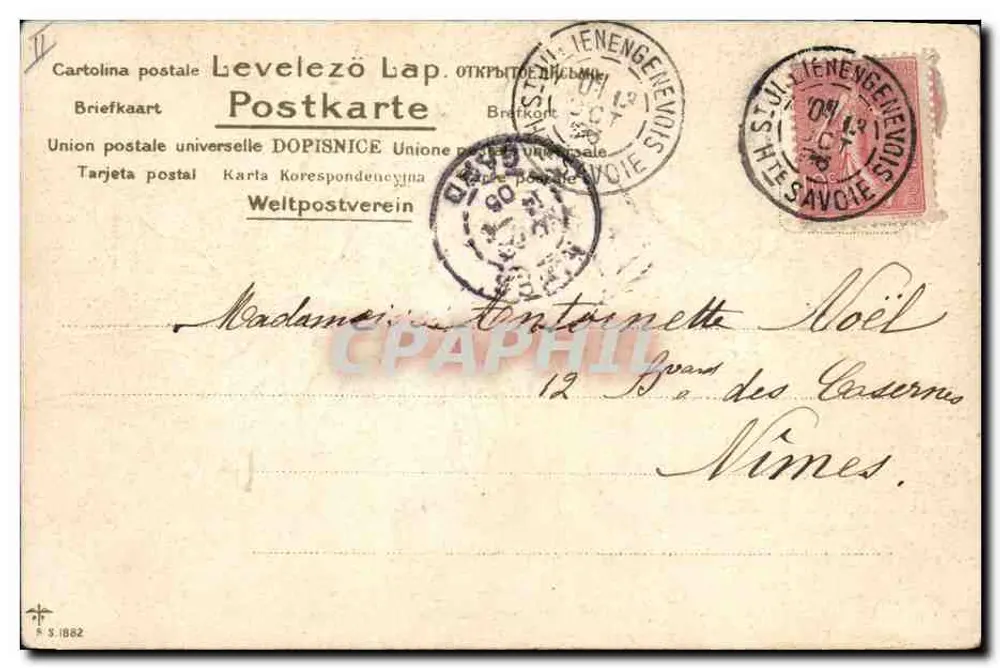 Arranjo de flores azuis — ilustração assinada 'Beauguerit' — editor R. S. 1882 - Verso