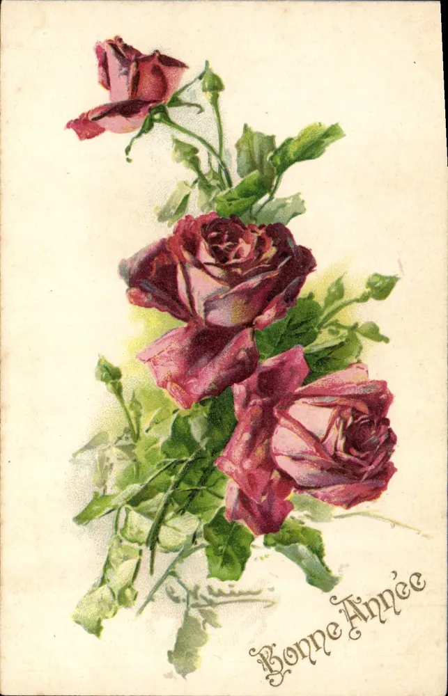 Mazzo di rose — Buon anno — Cartolina francese - Recto