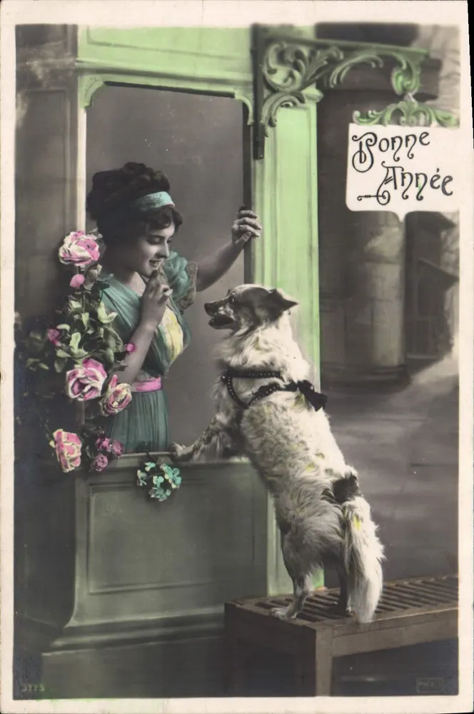 Frau und Hund am Fenster — Frohe Weihnachten — Verlag J.C. Paris, Nr. 3175 - Vorderseite