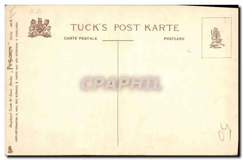 Slaapende hond — "THE SLEEP" — Tuck's Post Karte, serie V - Achterkant