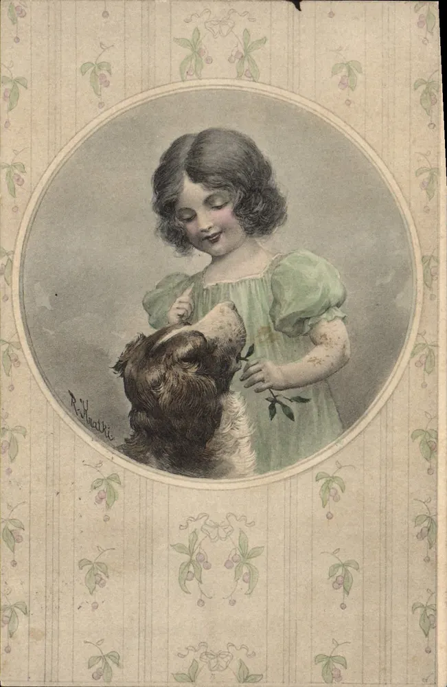 Dziewczyna i pies — ilustracja podpisana R. V. Hnatki — wydawca T.S.N. Ser. 608 - Awers