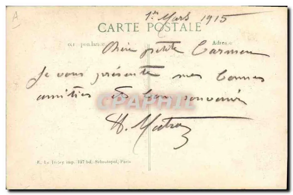 Maréchal o Conde Robert de Kandakar — 1914 — E. Le Tizley, Sébastopol - Verso