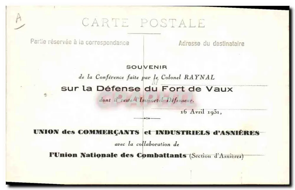 Colonel Raynal — Vortrag zur Verteidigung des Forts Vaux — 16. April 1931 — Vereinigung der Händler und Industriellen von Asnières - Rückseite