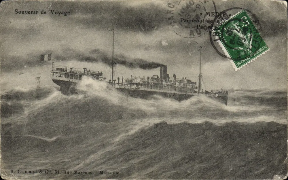 Paquebot Médie — traversée en mer agitée — éditeur H. Grimaud & Cie, Rue Mazenod - Marseille - Frente