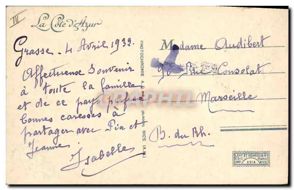 A Costa do Azul florida — Colheita de Jasmins — Editor A.R. (Paris) n° 10025 - Verso