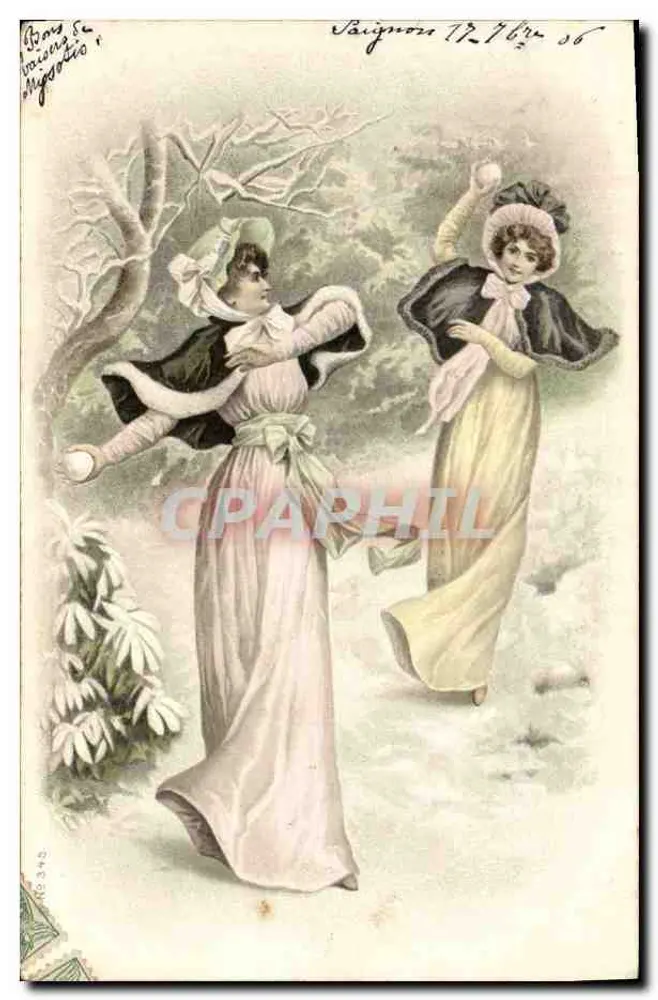Zwei junge Frauen, die im Schnee tanzen — Illustration — unbekannter Verlag, Seriennummer nicht sichtbar - Vorderseite