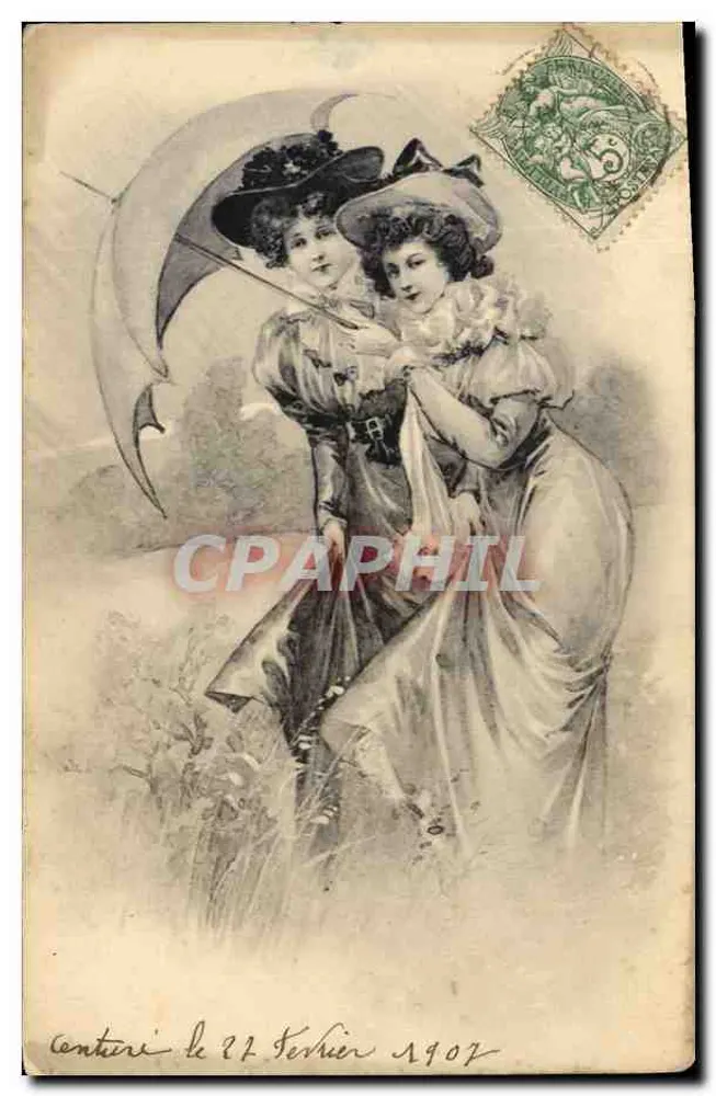 Zwei junge Frauen unter einem Regenschirm — Illustration — unbekannter Verlag - Vorderseite