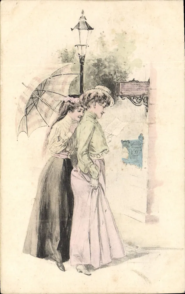 Deux jeunes femmes sous un parapluie — scène de rue avec lampadaire — éditeur P. F., B. Série 2151 - Vorderseite