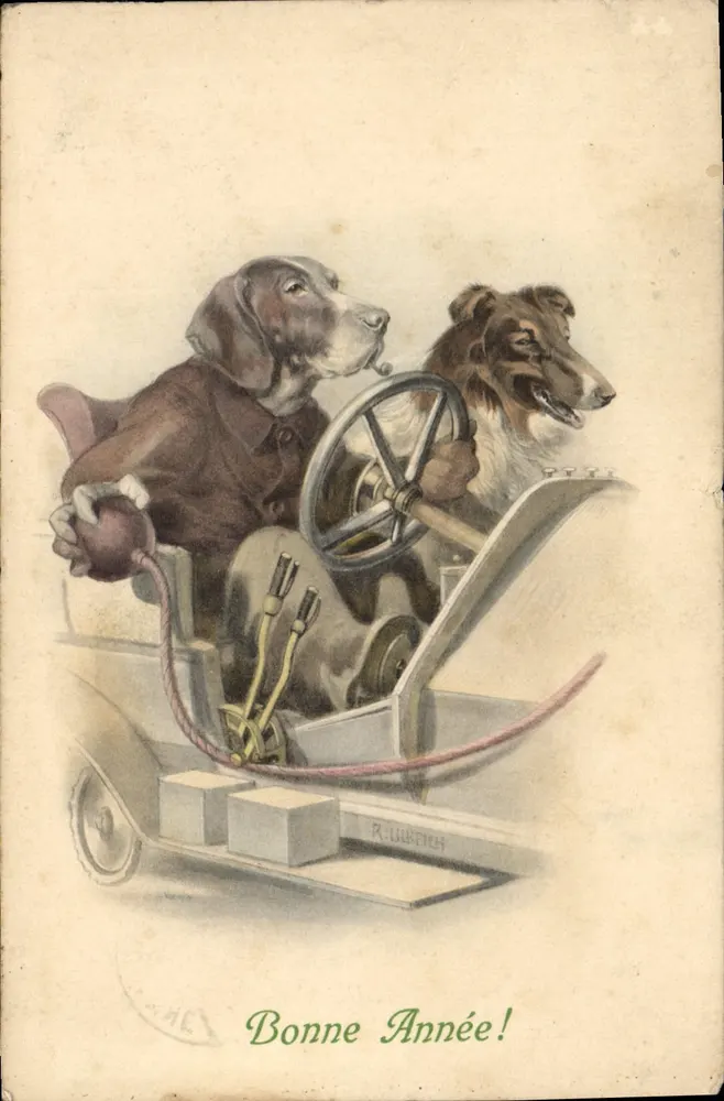 Deux chiens dans une voiture — illustration humoristique — éditeur R. LUBERN - Recto