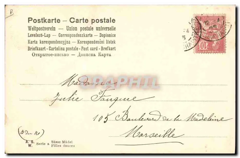 Junge Frau im Bauernkleid — J. Derrig, 1903 — Serie 'Zärtliche Mädchen' - Rückseite