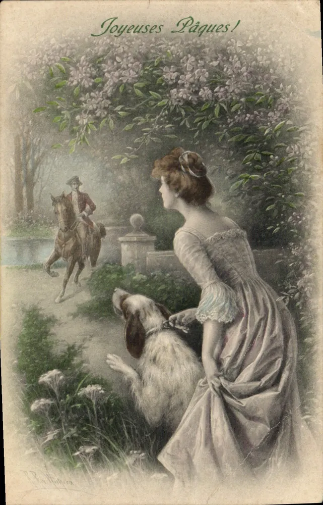 Frau und Hund, die einen Reiter ansehen — Frohe Ostern! — P. R. H. H. (unterschrieben unten links) - Vorderseite