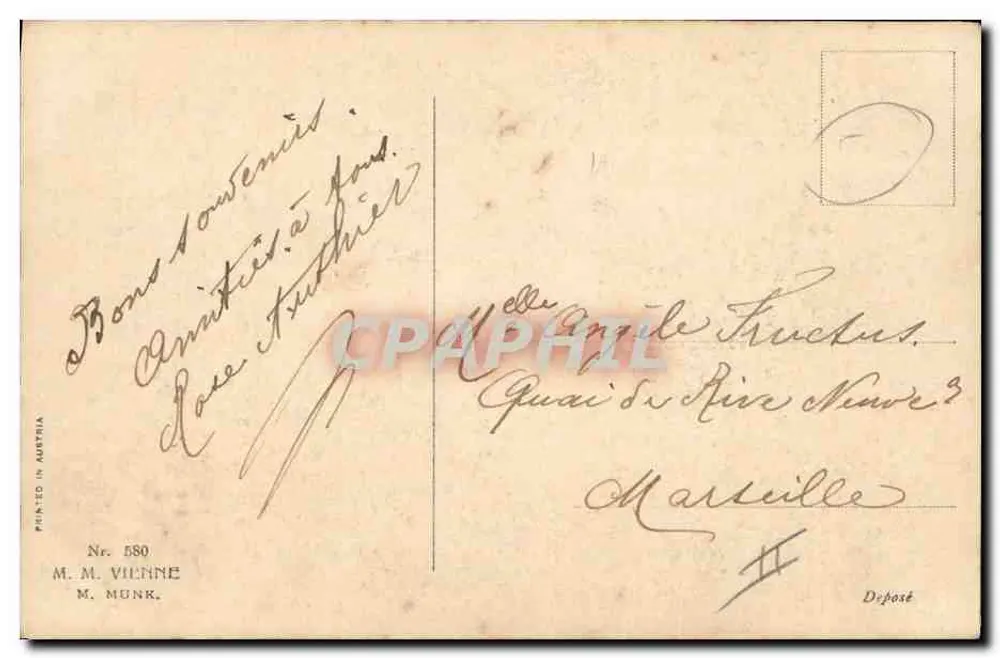 Frau und Hund, die einem Reiter zuschauen — Verlag M. M. Vienne, Nr. 580 - Rückseite