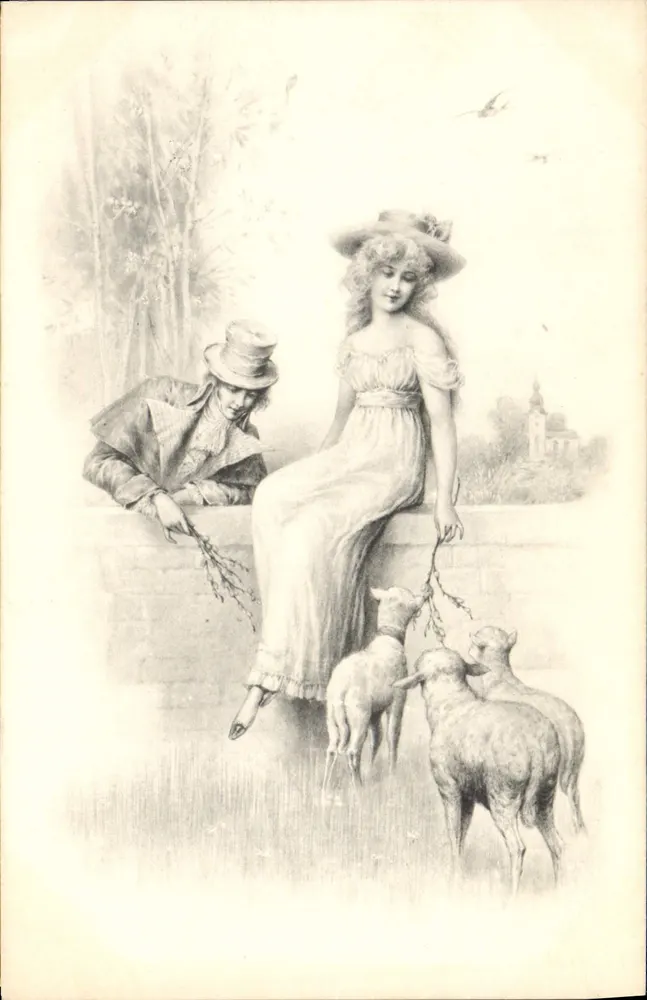Junge Frau und Mann mit Schafen — pastorale Szene — M. Vienne, Verlag - Vorderseite