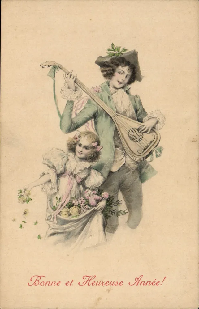 Junge Mann und Kind mit Laute — Frohe Weihnachten! — M. M. Vienne, Nr. 237 - Vorderseite