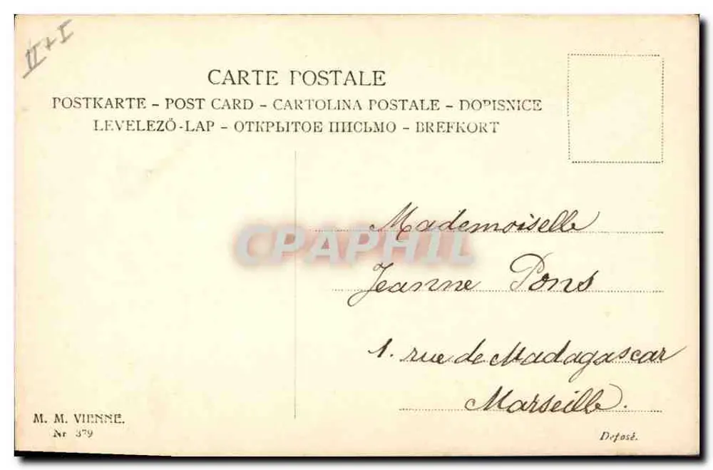 Frau in gelbem Kleid mit Hund — Aprilscherz — M. M. Vienne, Nr. 379 - Rückseite