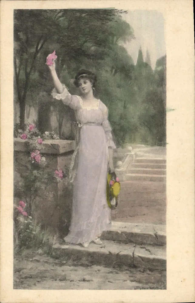 Frau in weißem Kleid mit einer Rose — Illustration von Sydney K. — Verlag M. M. Wien, Nr. 275 - Vorderseite