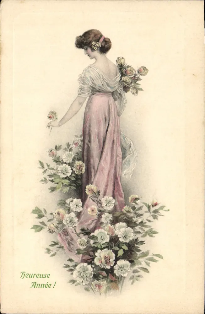 Frau in rosa Kleid unter Blumen — Glückwunsch — M. MUNK, Nr. 398 - Vorderseite