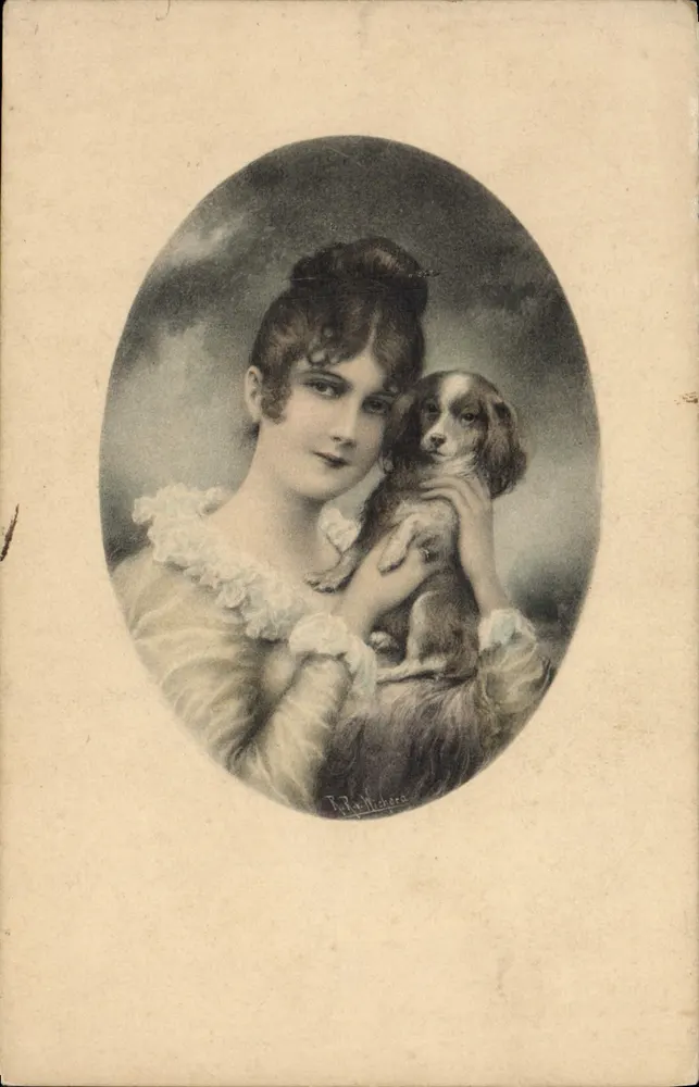 Junge Frau mit einem Hund — Kupferstich signiert von J. J. Hidére — Verlag M. M. Vienne, Nr. 2240 - Vorderseite