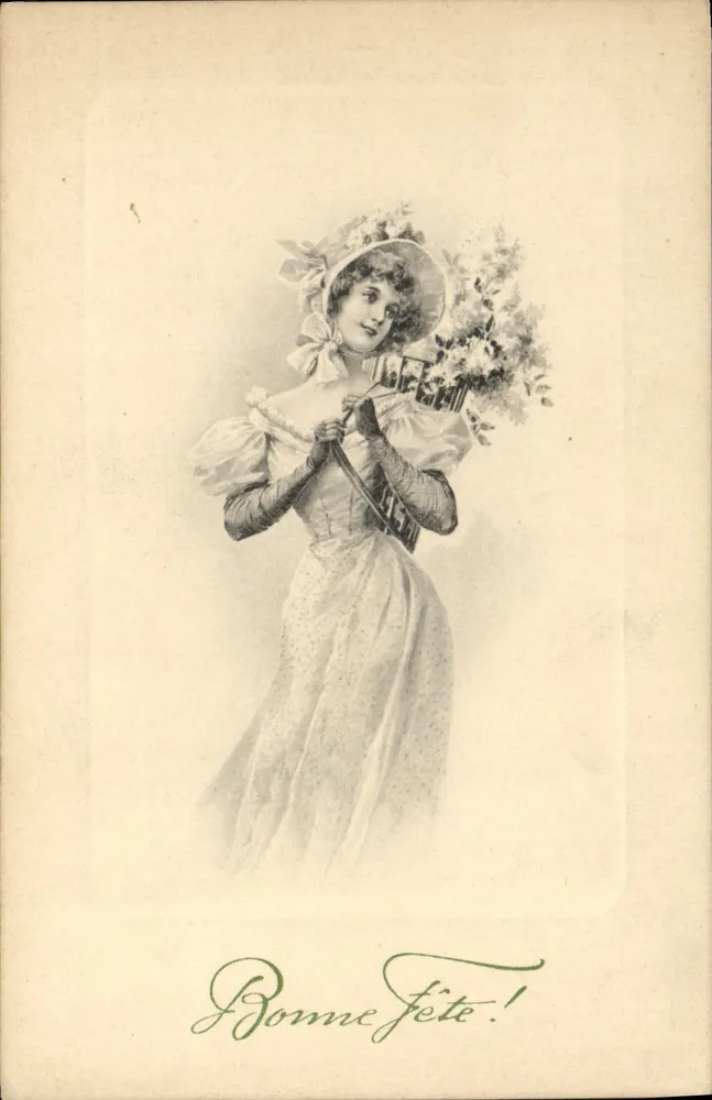 Frau in einem Karierten Kleid und blumigem Hut — Frohe Geburtstagsgrüße! — M. M. WENNE, Nr. 276 - Vorderseite