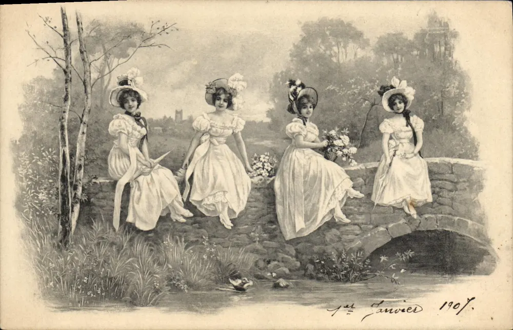 Quatro jovens mulheres em vestido branco em um ponte — 1º de janeiro de 1907 — M. M. Vienne, Nr. 257 - Frente