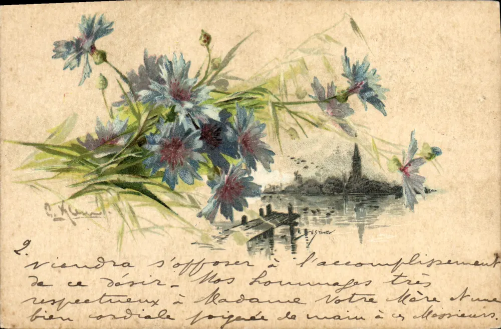 Fiori blu — vista del porto — editore anonimo, n° III - Recto
