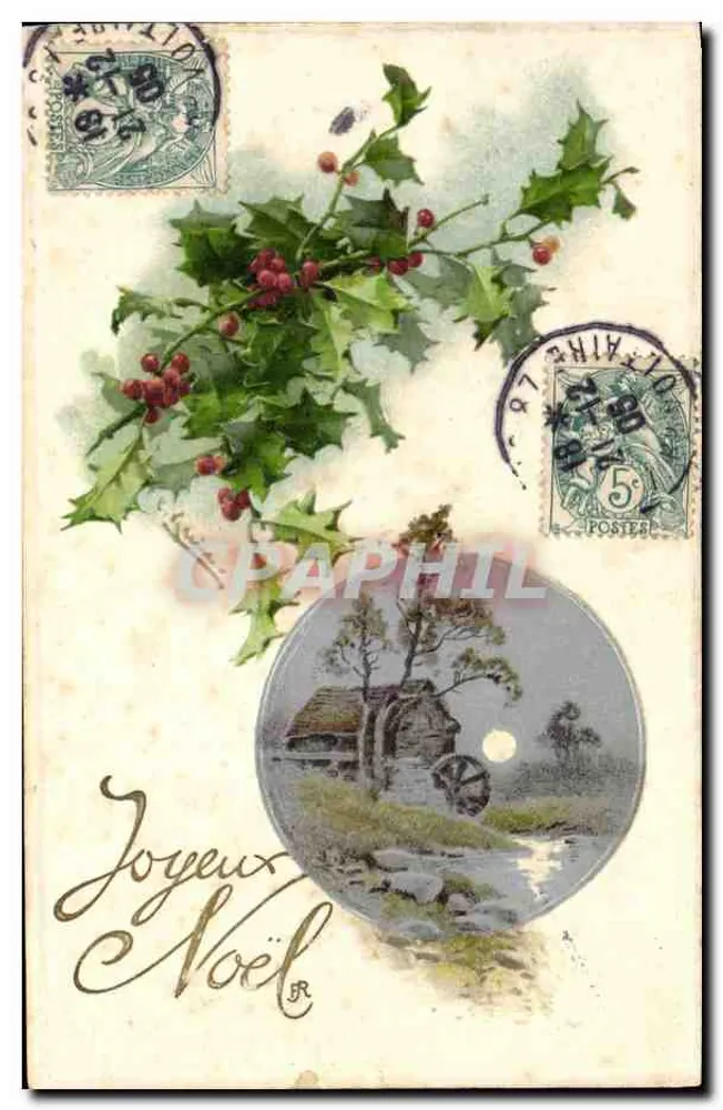 Tannenbaum und nächtlicher Landschaft — Weihnachtskarte — Verleger nicht sichtbar - Vorderseite