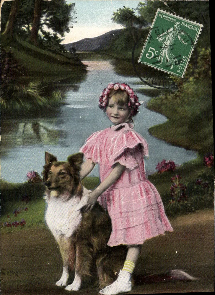 Fille et chien — paysage fluvial — éditeur K.V.L.B. 12, série 1430 - Frente