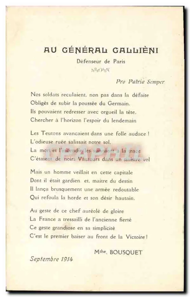 An General Galliéni — Verteidiger von Paris — Pro Patria Semper - Vorderseite