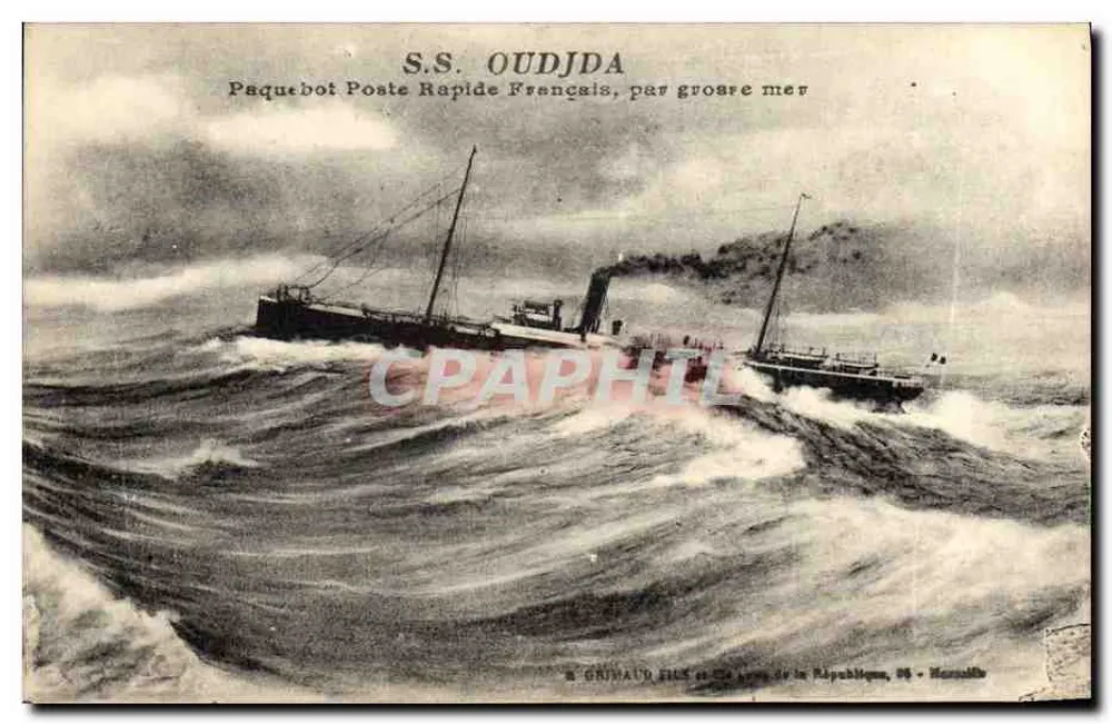 S.S. OUDJDA — Französischer Postdampfer, bei stürmischem Wetter — A. GRIMAUD FILS et Cie, Paris, 58, Marseille - Vorderseite