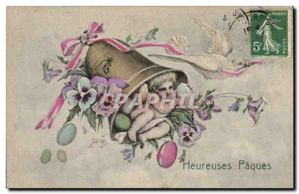 Páscoa — Criança dentro de uma sineta decorada com flores e ovos — editor Révé, n° 032 - Frente