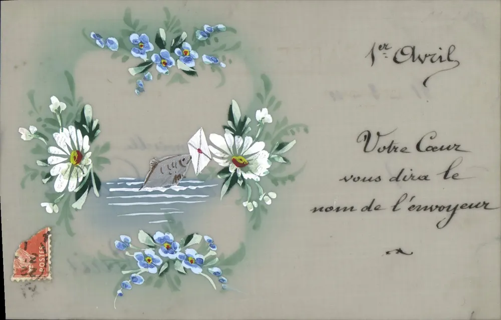 Ansichtskarte mit Dekoration — Blumen und Fisch mit Umschlag — unbekannter Verlag - Vorderseite
