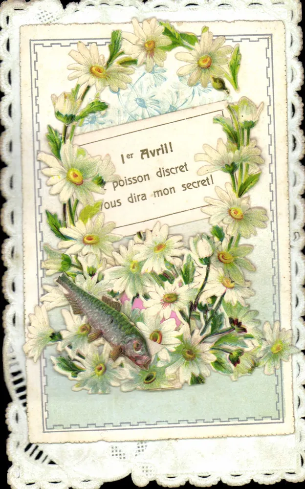 1º de Abril — peixe discreto — carta postal decorada com margaridas e peixe - Frente