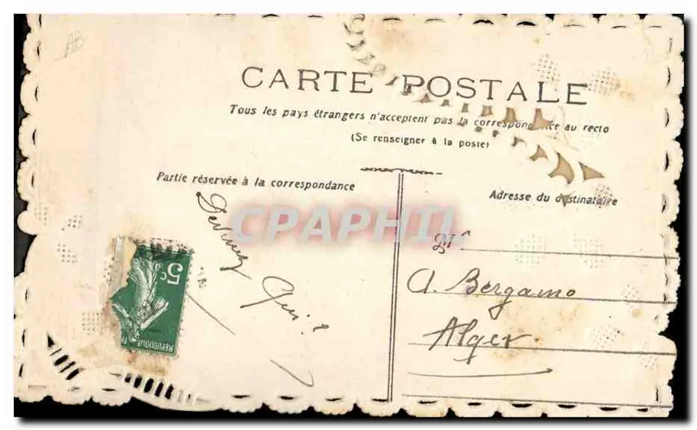 1º de Abril — peixe discreto — carta postal decorada com margaridas e peixe - Verso