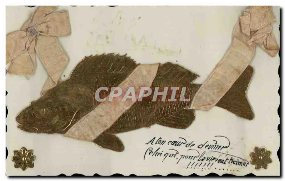Poisson décoratif — carte postale avec texte manuscrit et rubans - Frente