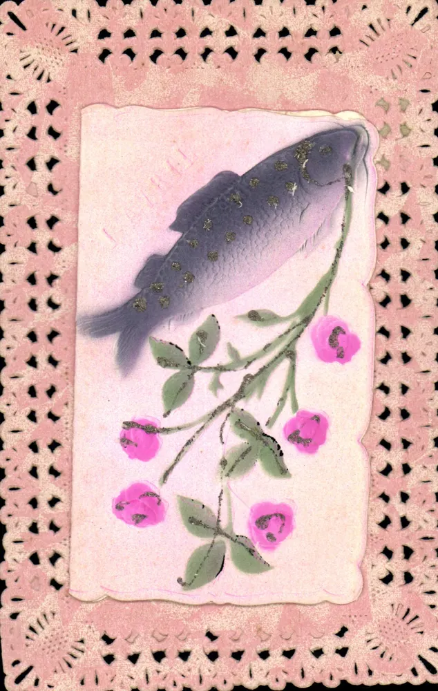 Peixe e rosas — carta postal decorativa — editor desconhecido - Frente